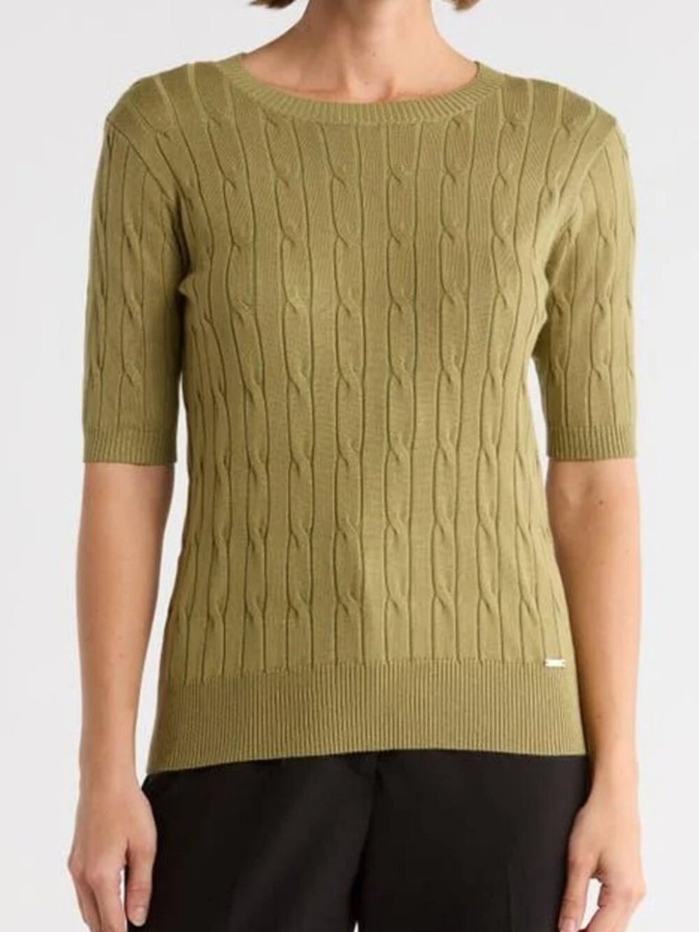 T Tahari Olive Cable-Knit Short Sleeve Sweater, size XS, NWT